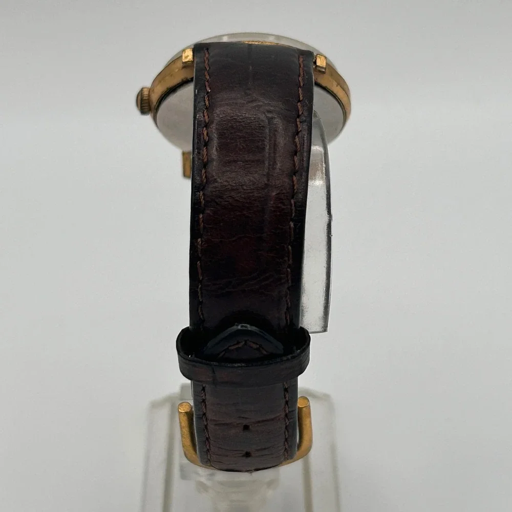 Vtg‎ Timex Electric Mens Watch Gold Tone Champagne Dial Brown Leather FOR REPAIR